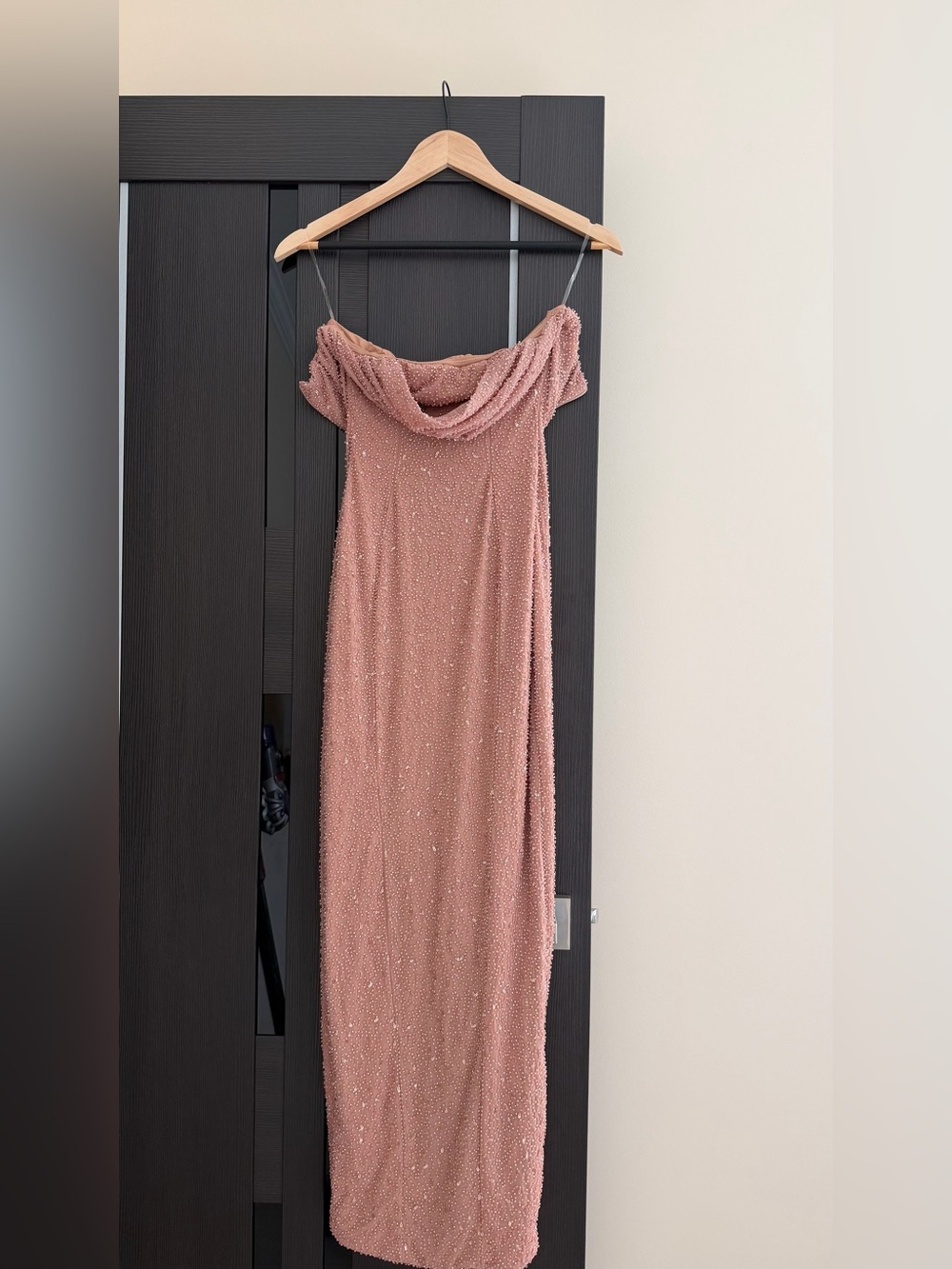 Oh Polly Dusty Pink Strapless Sequin Cowl Neck Gown